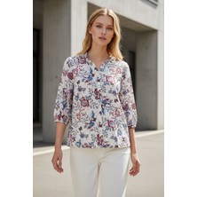 Lupinn Kadın Çok Renkli Çiçek Desenli Keten Karışımlı Fırfır Yaka Truvakar Gömlek