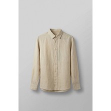 Abluka Online Erkek Regular Fit Keten Basic Uzun Kollu Gömlek Bej