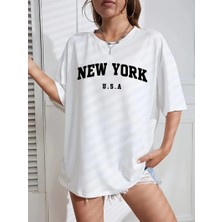 Glam Love 20/1 Penye Compacknew York Baskılı Oversize Kısa Kol Bisiklet Yaka T-Shirt - Beyaz -