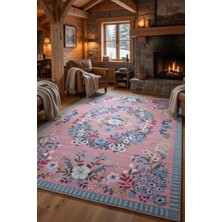 Kilim Home Pembe Çiçek Çelengi Turna Kuşlu Vintage Halı - Bohem Bahar Dokunuşu