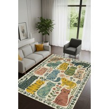 The Reef Design The Reef Etnik Desenli Kedili Renkli Halı Dijital Baskılı Dokuma Kaymaz Tabanlı Yıkanır Çalışma Odası Halısı