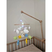 Metfiq El Yapımı Keçe Bebek Beşiği Mobili Işıklı, Bebek Odası Dekoru, Oyuncak Ayı Figürü Çocuk Dönence