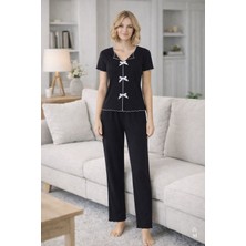 Kadın Kısa Kollu Fiyonklu Fitilli Pijama Takımı