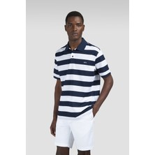Paul & Shark Erkek Normal Kesim Çizgili Logo Işlemeli Pamuklu Kısa Kollu Lacivert-Beyaz Polo Yaka T-Shirt 99311002A-139