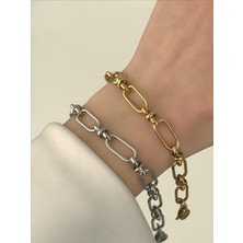 Qa Quella Accessories Çelik Figaro  Gümüş & Gold 14K Altın Kaplama Gold Bileklik 17+5 cm  - Gold
