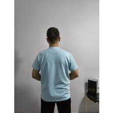 Ross Moda Erkek Rahat Kalıp Mavi Beyaz Su Yolu Kumaş Basic Bisiklet Yaka T-Shirt