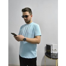 Ross Moda Erkek Rahat Kalıp Mavi Beyaz Su Yolu Kumaş Basic Bisiklet Yaka T-Shirt