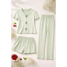 Kadın Pamuklu 3'lü Yeşil Fiyonklu Kaşkorse Pijama Takımı