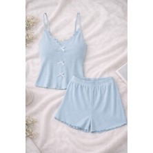 Kadın Ince Askılı Dantelli Fiyonklu Pamuklu Şortlu Pijama Takımı