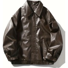 Çerme Oversize Vintage Deri Ceket Kadınlar İçin Kahverengi Kolej Yaka Orta Kalınlık