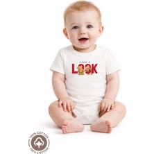 Miniel Unisex Özel Tasarım Organik Pamuklu Look Ayıcık Baskılı 3-6-9-12 Ay Bebek Body Ekru Badi Zıbın