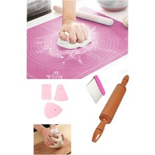 Feyza Design 5'li Silikon Hamur Matı ve Ahşap Merdane ile Hamur Kesme Seti