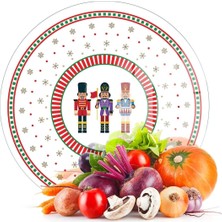 Feyza Design Yuvarlak Cam Kesme Tahtası 30X30 Cm, Yılbaşı Fındıkkıran Desenli