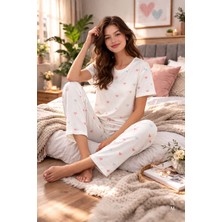 Kadın Kalp Desenli Kısa Kollu Pijama Takımı