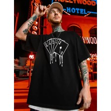 Glam Love Büyük Beden Kart Baskılı Düz Renk Kısa Kollu Bisiklet Yaka Tişört Gündelik Giyim - Siyah -