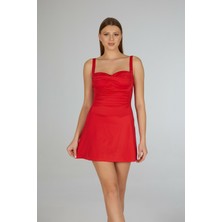 Estiva Kadın Kırmızı Elbiseli Drapeli Tek Parça Mayo