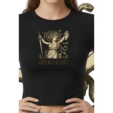 Kurun's Collection Medusa Baskılı Soft Kumaş Bisiklet Yaka Crop Uzun Kol Bluz