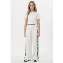 Haykids Kız Çocuk / Genç Kız Beyaz Şerit Detaylı Yırtmaçlı Bol Paça Palazzo Eşofman Takımı