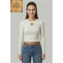 Kurun's Collection Self Love Pul Baskılı Soft Kumaş Bisiklet Yaka Crop Uzun Kol Bluz