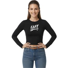 Kurun's Collection Easy Tiger Baskılı Soft Kumaş Bisiklet Yaka Crop Uzun Kol Bluz
