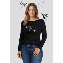 Kurun's Collection Soft Flight Baskılı Soft Kumaş Kayık Yaka Uzun Kol Bluz