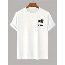 Glam Love 20/1 Penye Compack Palmiye Baskılı Oversize Bisiklet Yaka Kısa Kol T-Shirt - Beyaz -