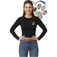 Kurun's Collection Paw Heart Baskılı Soft Kumaş Bisiklet Yaka Crop Uzun Kol Bluz