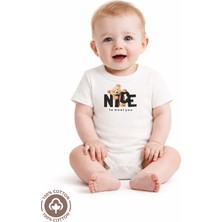 Miniel Unisex Özel Tasarım Organik Pamuklu Nice Ayıcık Baskılı 3-6-9-12 Ay Bebek Body Ekru Badi Zıbın