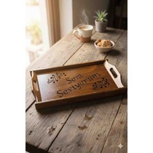 Dekoratif Lazer Işlemeli Masif Ahşap Sunum Tepsisi - Seni Seviyorum Temalı