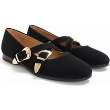 Ne&Ve Shoes Siyah Süet Hakiki Deri Çapraz Bantlı Aksesuar Detaylı Kadın Yuvarlak Burun Babet