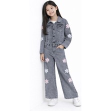 Cansın Mini Füme Çiçek Desenli Düğmeli Ceketli Jean Pantolonlu Kız Çocuk Jean Takım 23736