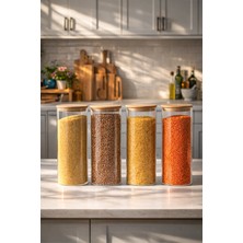 Porsima 418 4lü Yuvarlak 1750 ml Bambu Vakumlu Kapaklı Cam Kavanoz Seti Saklama Kabı 10X25 cm