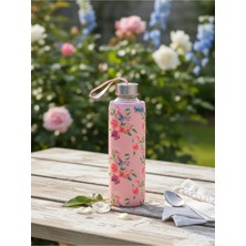 Tohana Mavi Gül Desenli Kılıflı Cam Matara Su Şişesi 500 ml