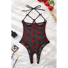 Sb Shopping Öpücük Desenli Transparan Siyah Fantazi Iç Giyim TM1385