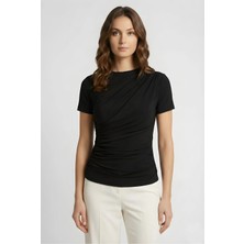 Kurun's Collection Soft Kumaş Bisiklet Yaka Büzgü Detaylı Kısa Kol Bluz