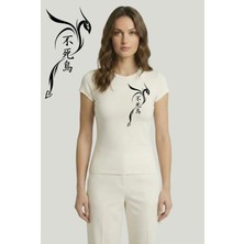 Kurun's Collection Kara Anka Baskılı Soft Kumaş Bisiklet Yaka Basic Kısa Kol Bluz