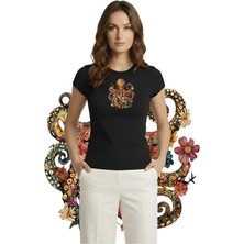 Kurun's Collection Ahtapot Basklı Soft Kumaş Bisiklet Yaka Basic Kısa Kol Bluz