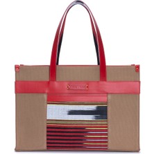 K'ai&Vrosi Zua Kırmızı Deri Koyu Taba Kanvas Omuz Çantası