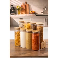 Porsima 418 8li Yuvarlak 1750 ml Bambu Vakumlu Kapaklı Cam Kavanoz Seti Saklama Kabı 10X25CM