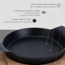 Skygo Döküm Yuvarlak Sahan Döküm Demir Yekpare Çift Kulplu Kayın Servis Ahşabı. ÇAP(Ø)18CM.