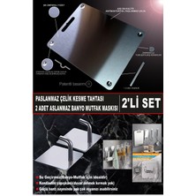 Feyza Design Paslanmaz Kesme Tahtası ve 2'li Yapışkanlı Banyo Askı Seti