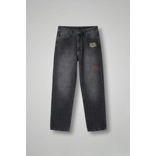 Erkek Baggy Fit Nakışlı Frayed Jean Pantolon Siyah
