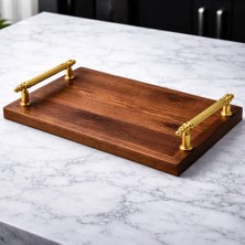Kumi Lüks El Yapımı Ceviz Ağacı Servis Tepsisi - Gold Metal Kulplu (45X25 Cm)