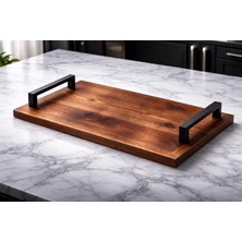 Kumi Lüks El Yapımı Ceviz Ağacı Servis Tepsisi - Gold Metal Kulplu (45X25 Cm)