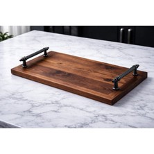 Kumi Lüks El Yapımı Ceviz Ağacı Servis Tepsisi - Gold Metal Kulplu (45X25 Cm)