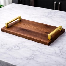 Kumi Lüks El Yapımı Ceviz Ağacı Servis Tepsisi - Gold Metal Kulplu (45X25 Cm)