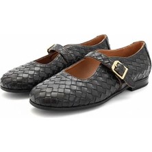 Ne&Ve Shoes Hakiki Deri Örgü Detaylı Tokalı Kaddın Yuvarlak Burun Babet
