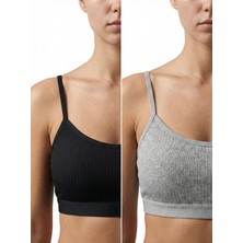 Underwear Bodyway 2'li Paket Esnek Fitilli Ribana Crop Atlet - Pamuklu Dokulu Büstiyer Set - Uyku Sütyeni