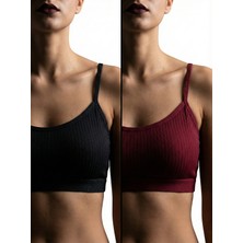Underwear Bodyway 2'li Paket Esnek Fitilli Ribana Crop Atlet - Pamuklu Dokulu Büstiyer Set - Uyku Sütyeni