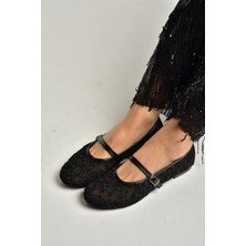 Fox Shoes Y726711415 Siyah File Çiçek Motif Işlemeli Kadın Babet